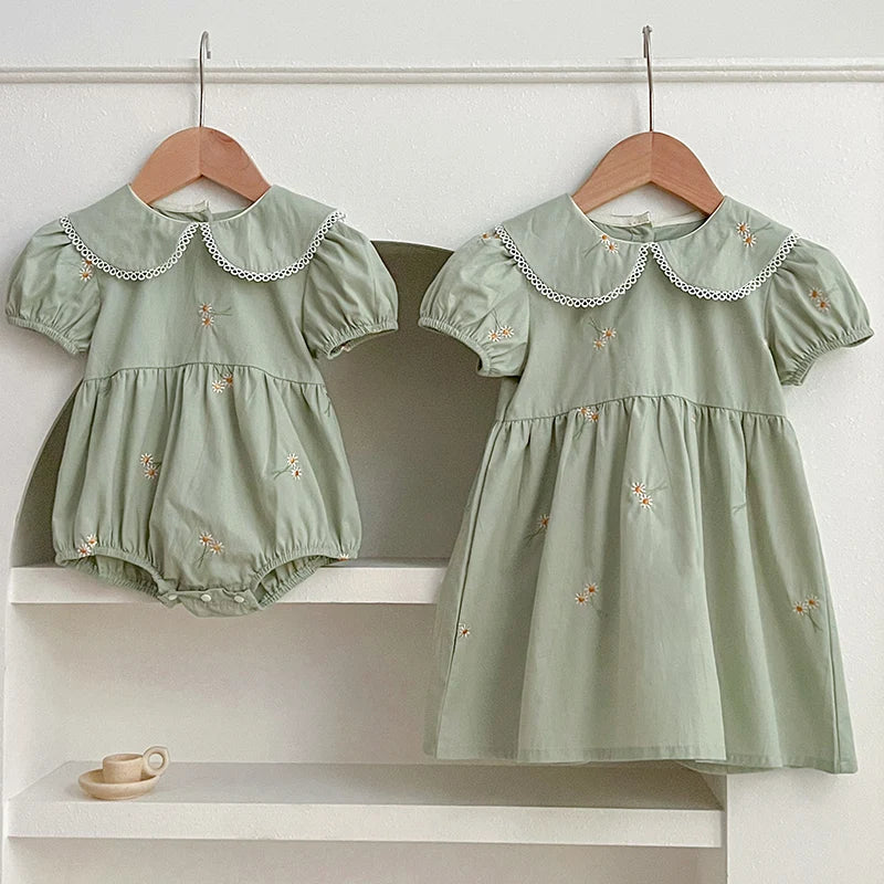 Sister Match Daisy Floral Green Cotton Dress and Romper