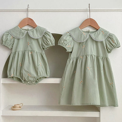 Sister Match Daisy Floral Green Cotton Dress and Romper