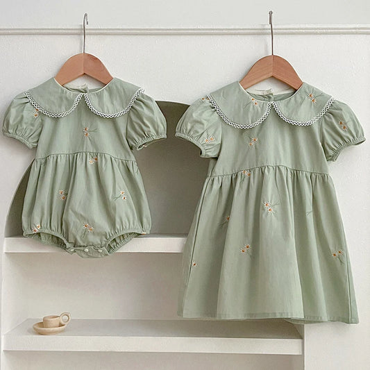Sister Match Daisy Floral Green Cotton Dress and Romper
