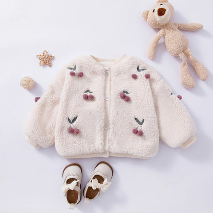 Girls Cherry Embroidery Bomber Fleece Jacket