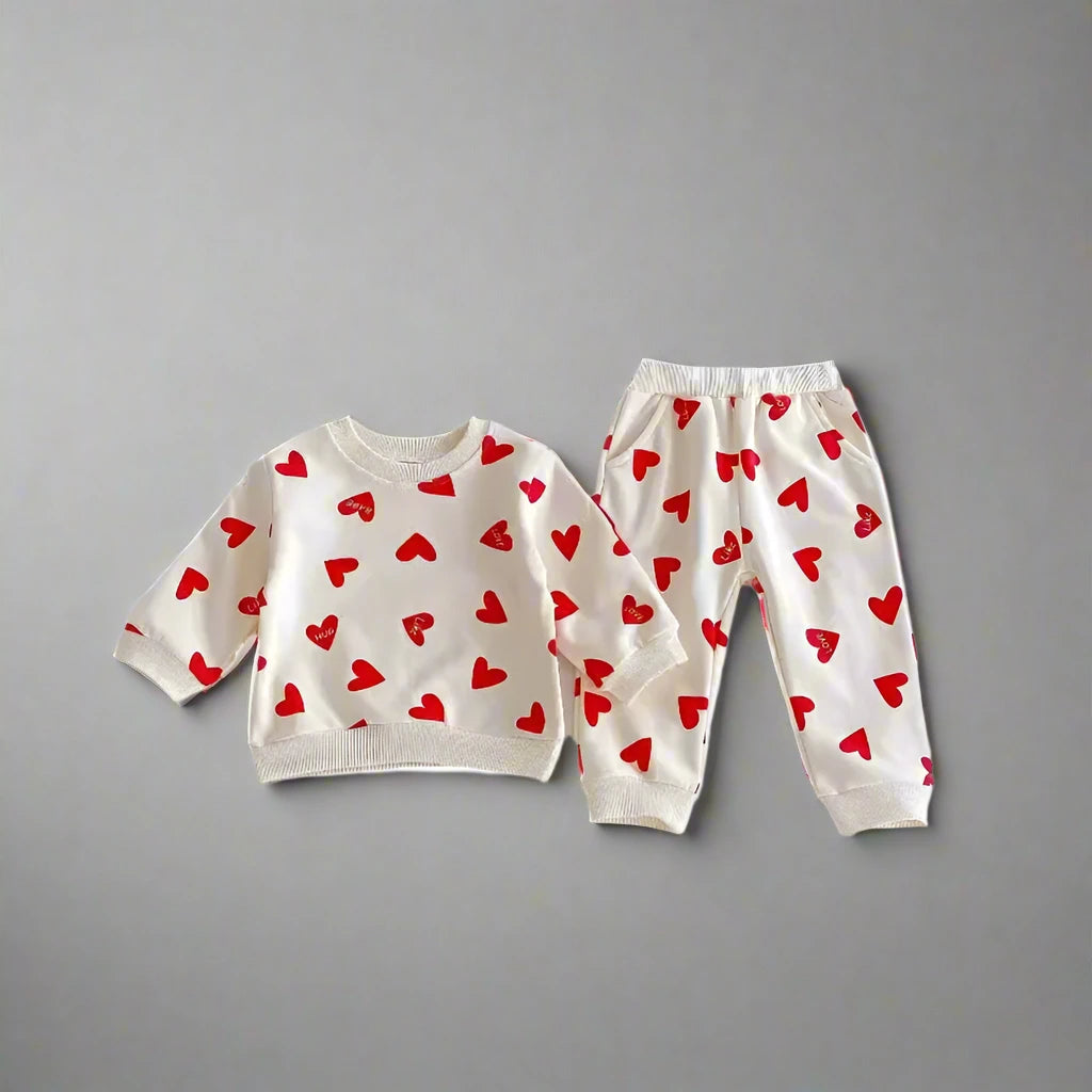 Heart Print Girls Sweatshirt and Sweatpants Set