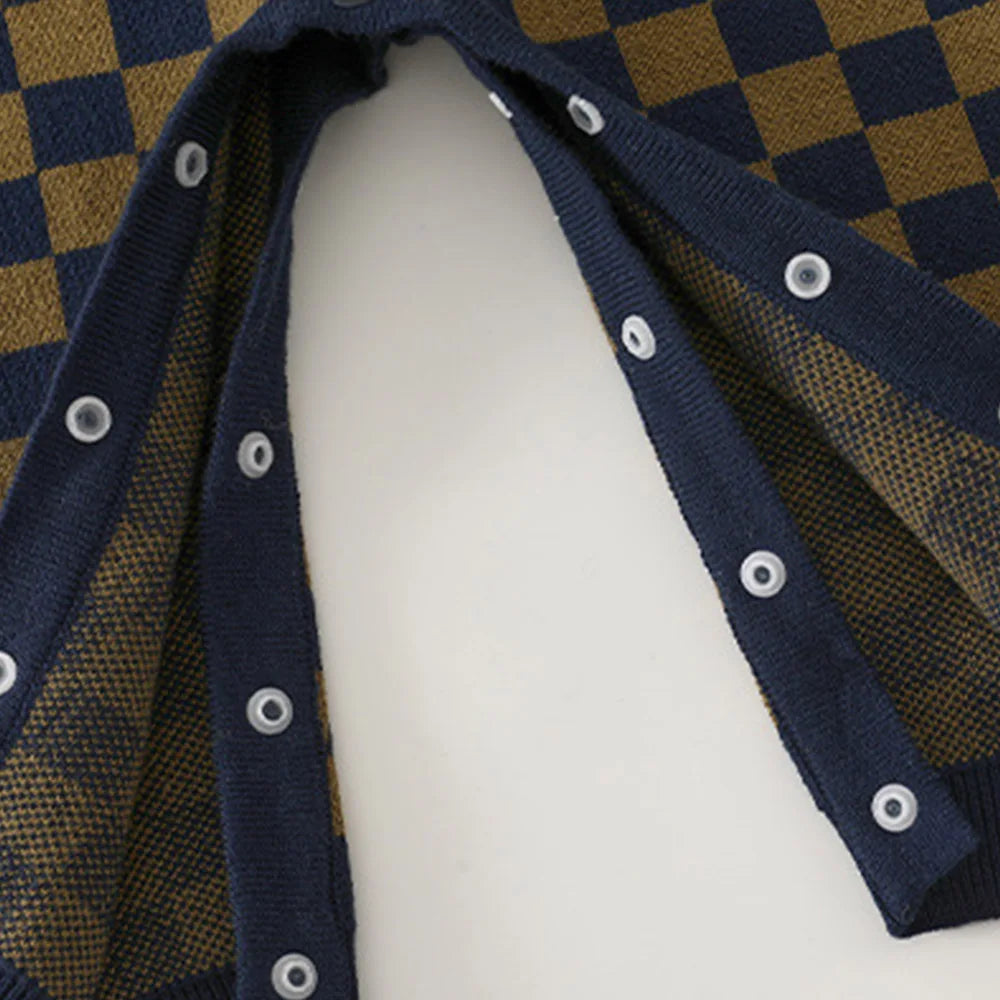 Checkered Knit Baby Romper – 100% Cotton Long Sleeve Jumpsuit with Ruffled Collar