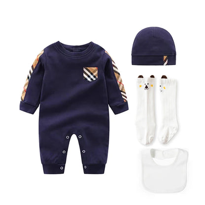 Newborn Baby 4-Piece Gift Set – 100% Cotton Romper, Hat, Socks & Bib