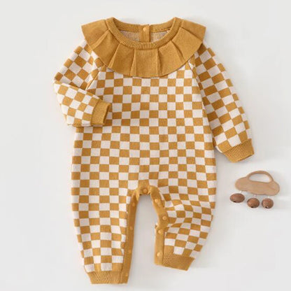 Checkered Knit Baby Romper – 100% Cotton Long Sleeve Jumpsuit with Ruffled Collar