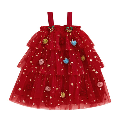 Girls Christmas Star Lace Layered Tulle Dress