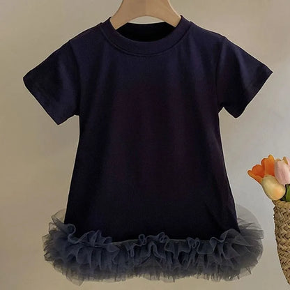 Navy Cotton Baby Dress with Ruffle Tulle Hem