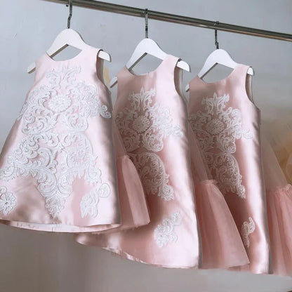 Pink Floral Embroidered Dress with Tulle and Satin Bow