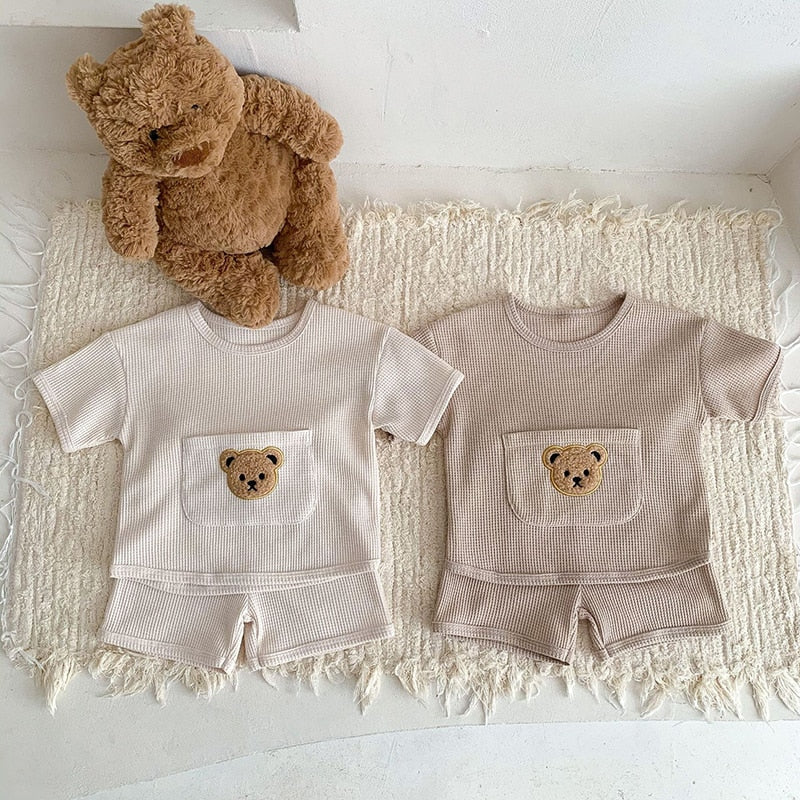 Bear Waffle T-shirt and Shorts Set - Peachy Bloomers