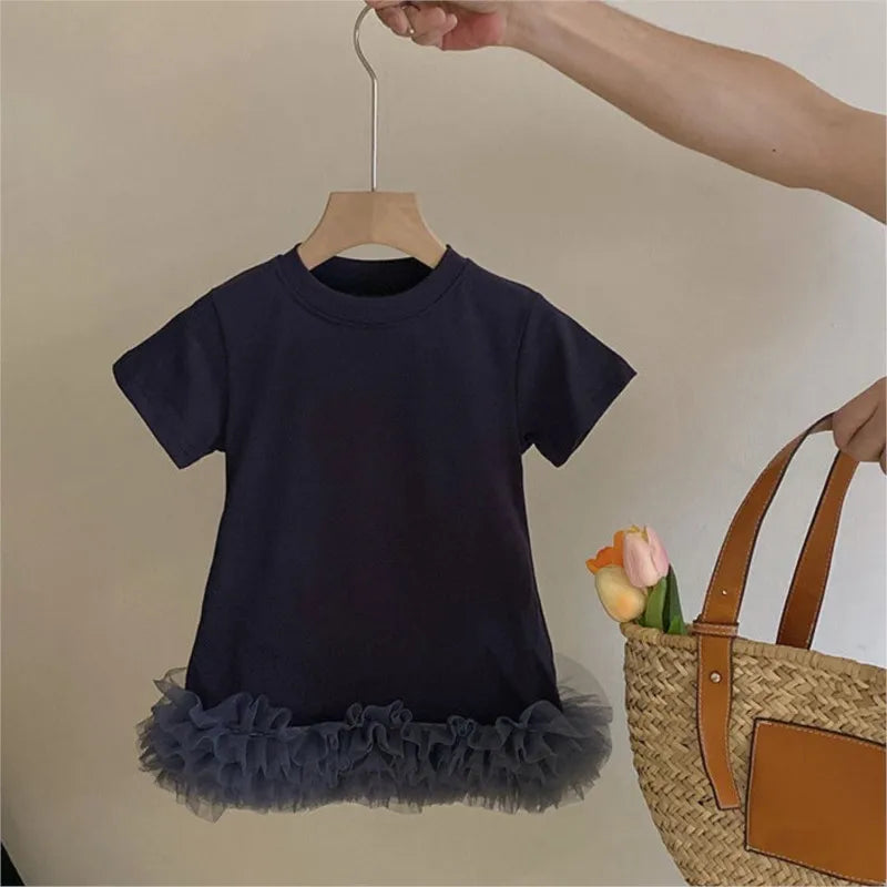 Navy Cotton Baby Dress with Ruffle Tulle Hem