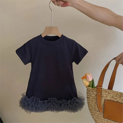 Navy Cotton Baby Dress with Ruffle Tulle Hem