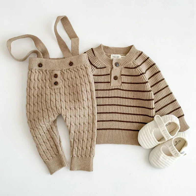Toddler Cotton Knit Suspender Set – Striped Sweater & Cable Knit Pants