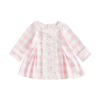 Girls Pink Bow Plaid Dress