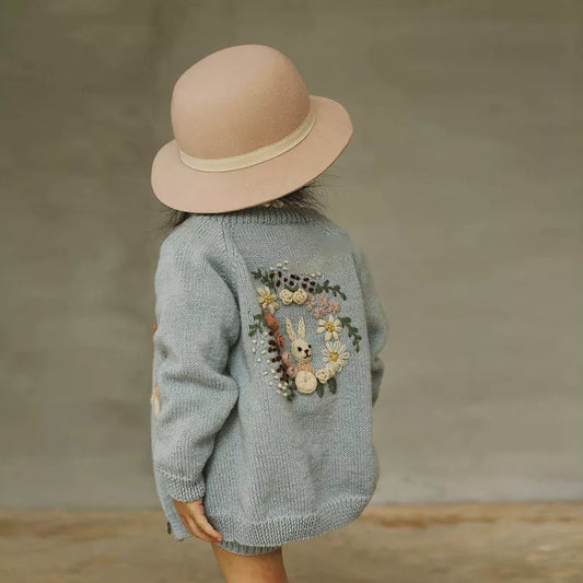 Girls Luxuries Merino Wool Hand Embroidery Bunny Cardigan - Peachy Bloomers