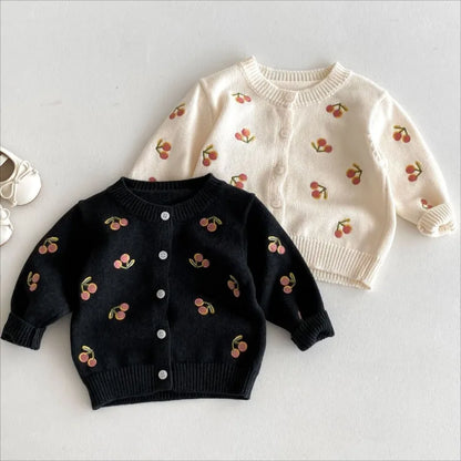 Cherry Embroidery Cotton Knit Baby Cardigan