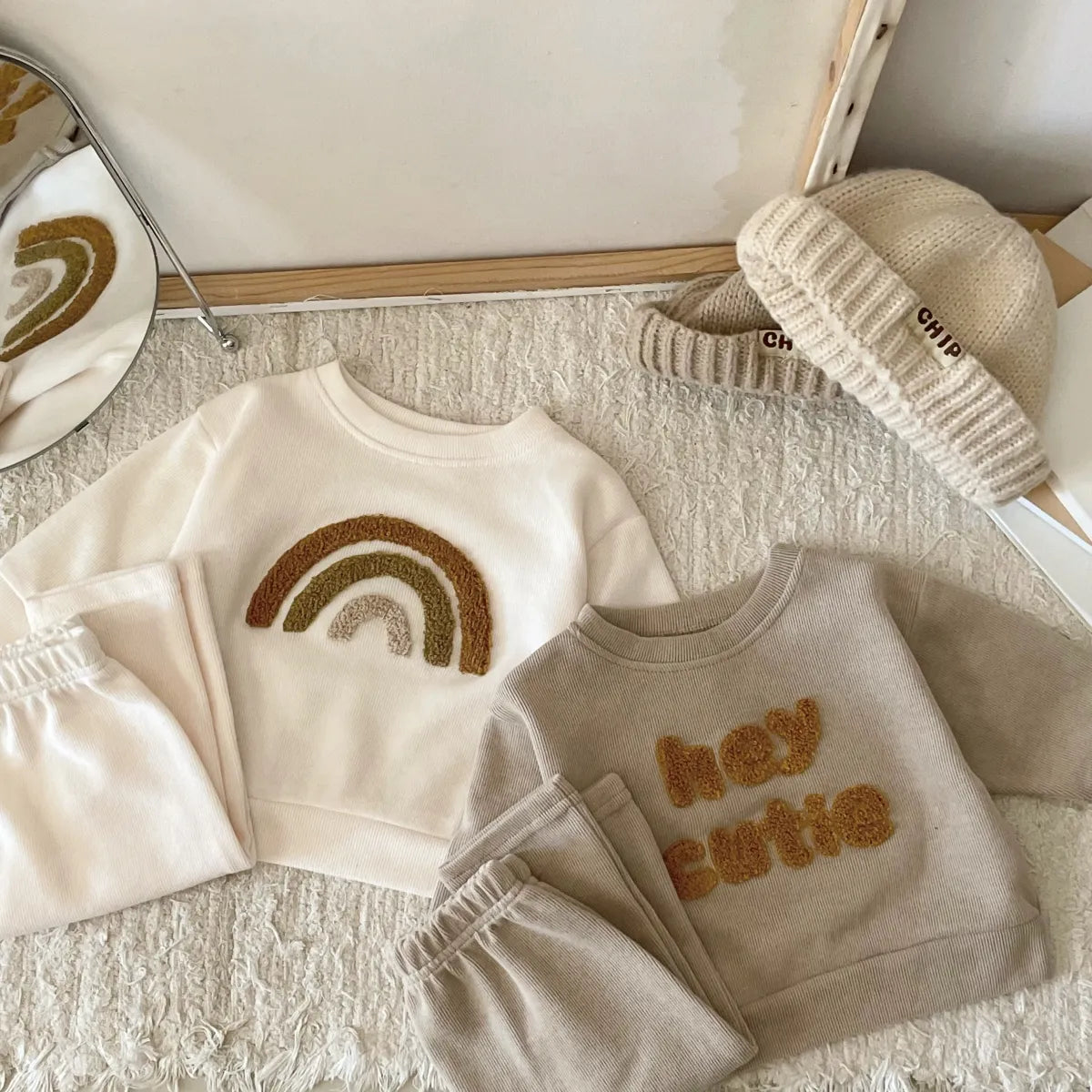 "Hei Cutie" & Rainbow Sweatshirt and Sweatpants Set - Peachy Bloomers