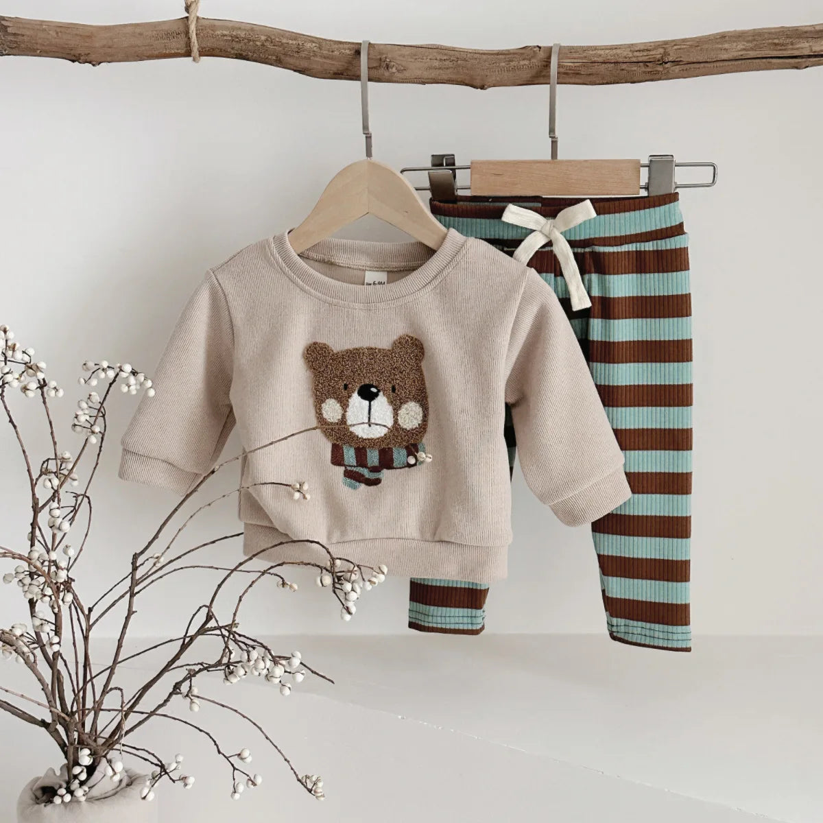 Baby Bear Sweatshirt and Stripe Leggings Set