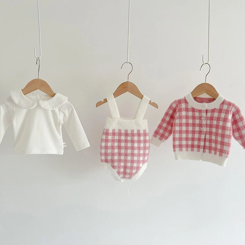3-Piece Pink Gingham Baby Knit Set – Cardigan, Romper & Peter Pan Collar Top