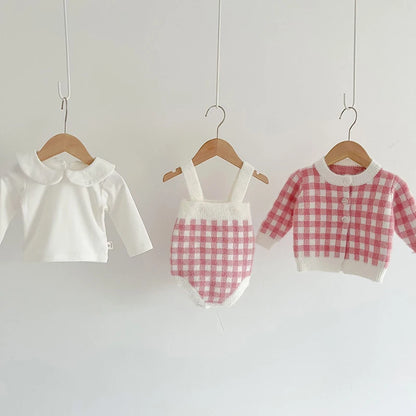 3-Piece Pink Gingham Baby Knit Set – Cardigan, Romper & Peter Pan Collar Top