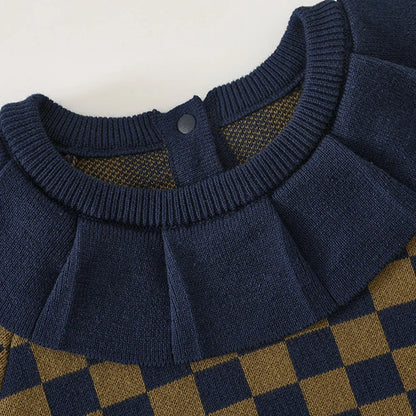 Checkered Knit Baby Romper – 100% Cotton Long Sleeve Jumpsuit with Ruffled Collar