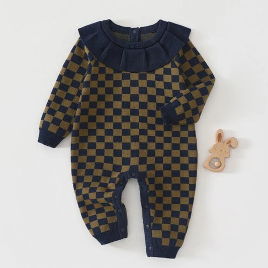 Checkered Knit Baby Romper – 100% Cotton Long Sleeve Jumpsuit with Ruffled Collar