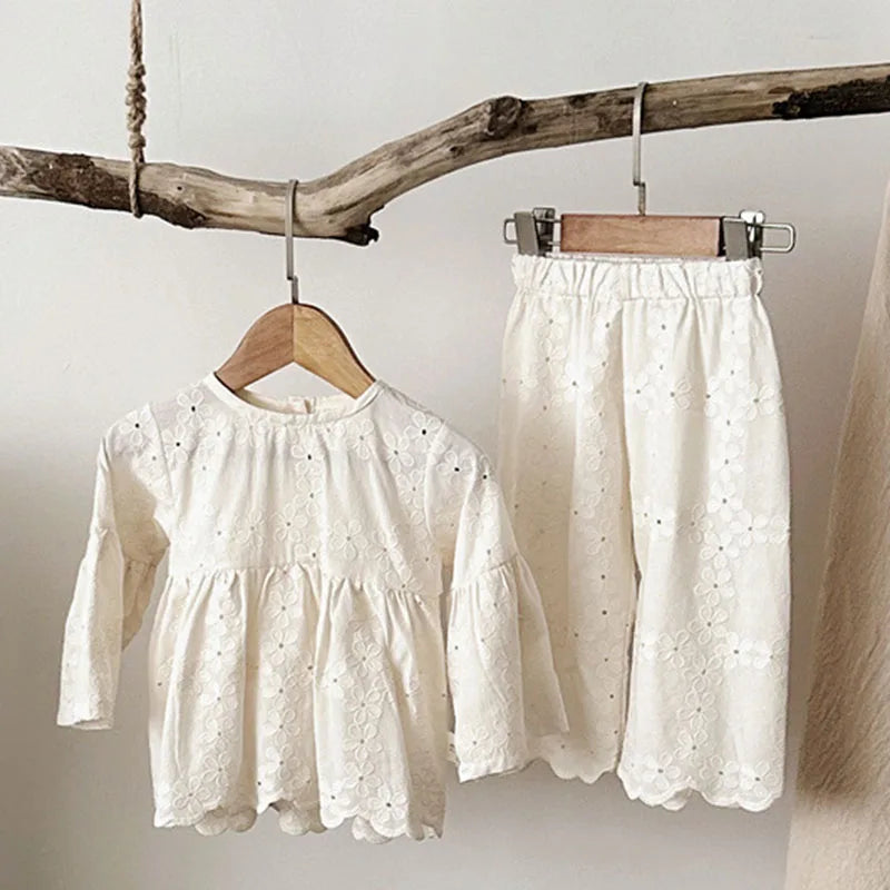 Girl Cotton Eyelet Lace Set - Top & Pants