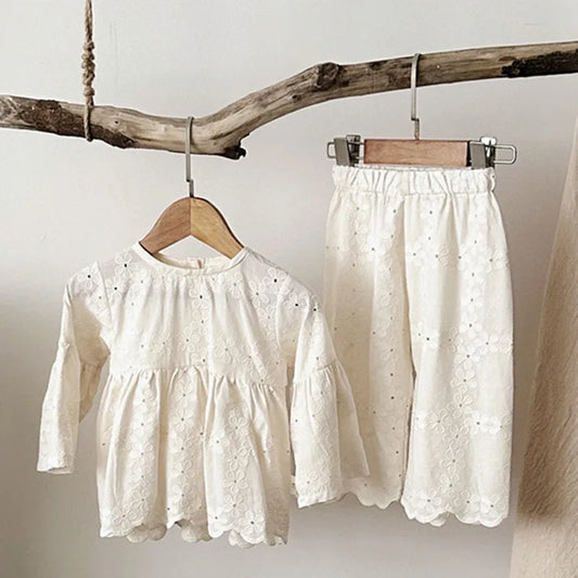 Girl Cotton Eyelet Lace Set - Top & Pants