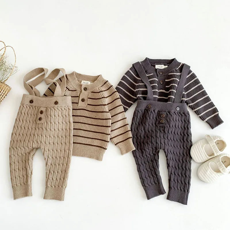 Toddler Cotton Knit Suspender Set – Striped Sweater & Cable Knit Pants
