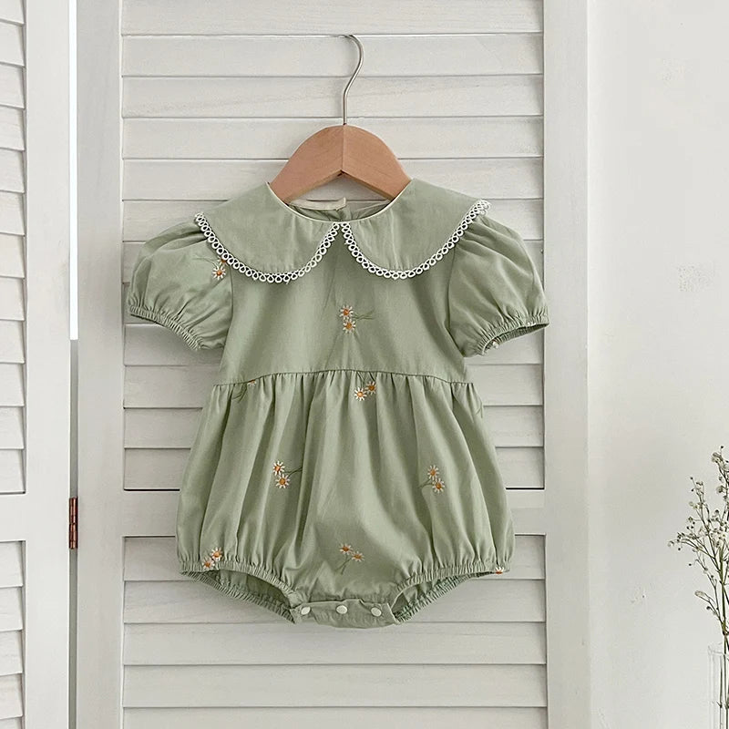 Sister Match Daisy Floral Green Cotton Dress and Romper