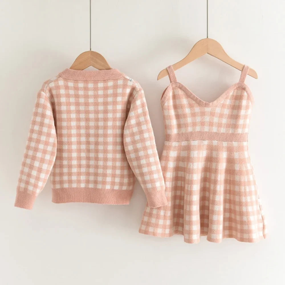 Girls 2-Piece Checkered Cardigan and Dress Set