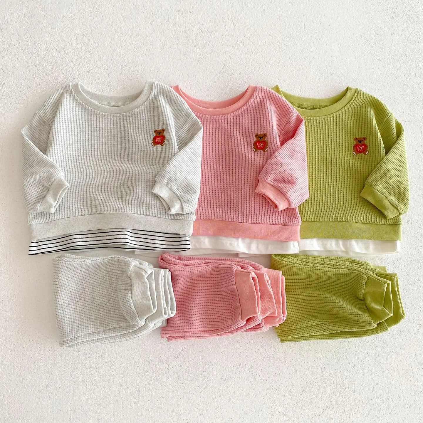 Bear Cotton Waffle Sweatshirt & Sweatpants Set - Peachy Bloomers