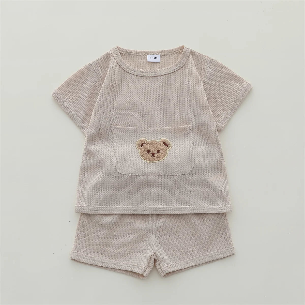 Bear Pocket Summer Set – Soft Waffle Knit Shorts & Tee for Toddlers