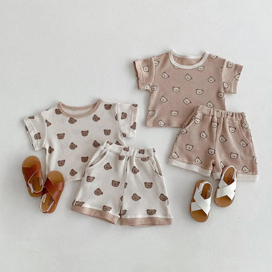 Baby Bear Waffle Cotton T-shirt and Shorts Set - Peachy Bloomers