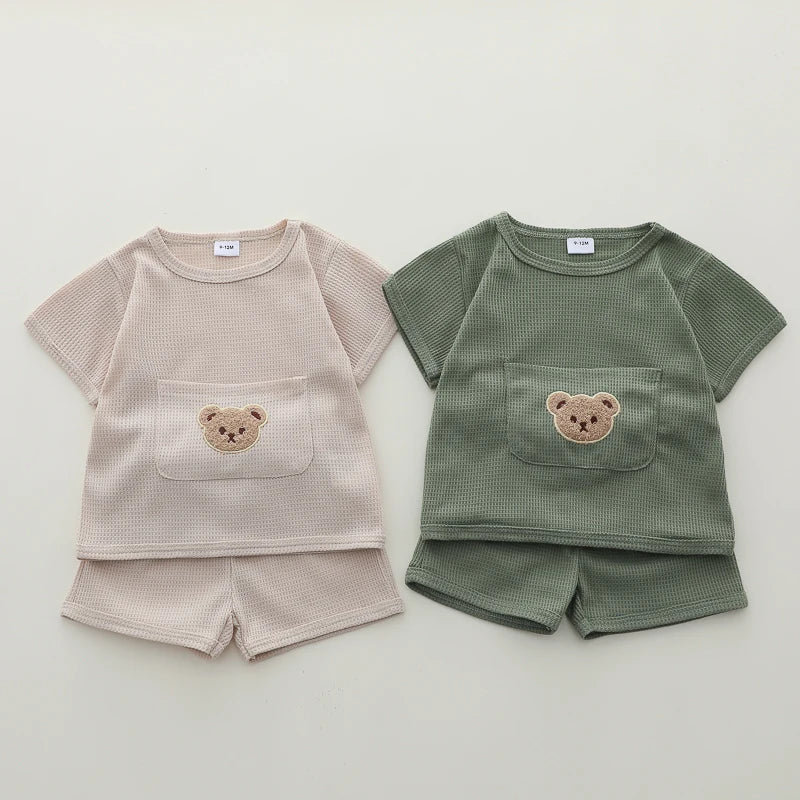 Bear Pocket Summer Set – Soft Waffle Knit Shorts & Tee for Toddlers