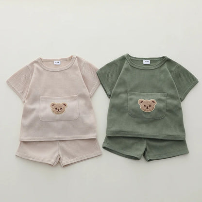 Bear Pocket Summer Set – Soft Waffle Knit Shorts & Tee for Toddlers
