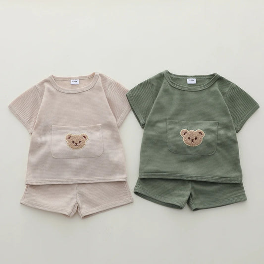 Bear Pocket Summer Set – Soft Waffle Knit Shorts & Tee for Toddlers