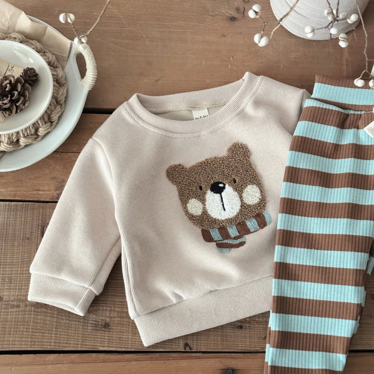 Baby Bear Sweatshirt and Stripe Leggings Set