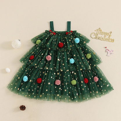 Girls Christmas Star Lace Layered Tulle Dress