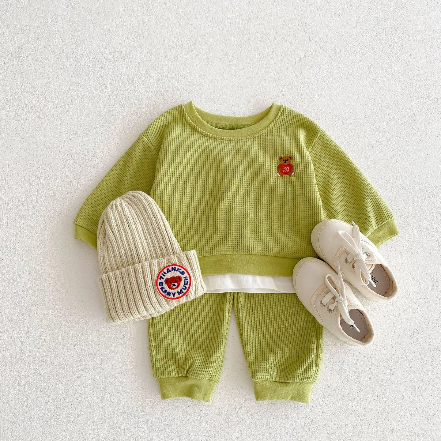 Bear Cotton Waffle Sweatshirt & Sweatpants Set - Peachy Bloomers