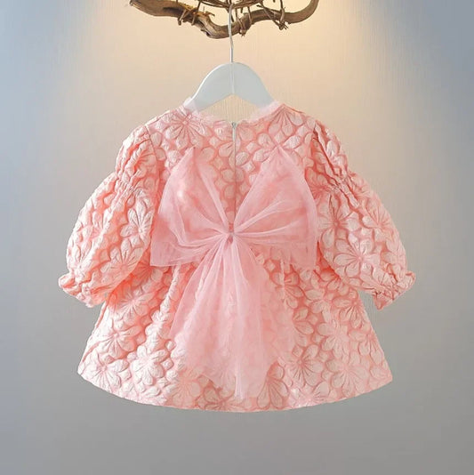 Elegant Flower Jacquard Girls Dress with Oversized Bow