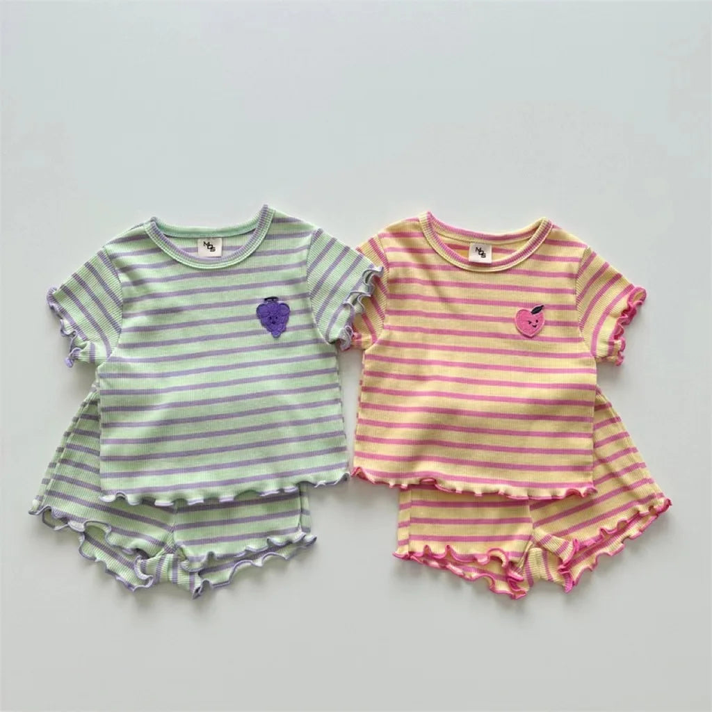 Fruit Stripe Knit T-shirt and Shorts Set - Peachy Bloomers