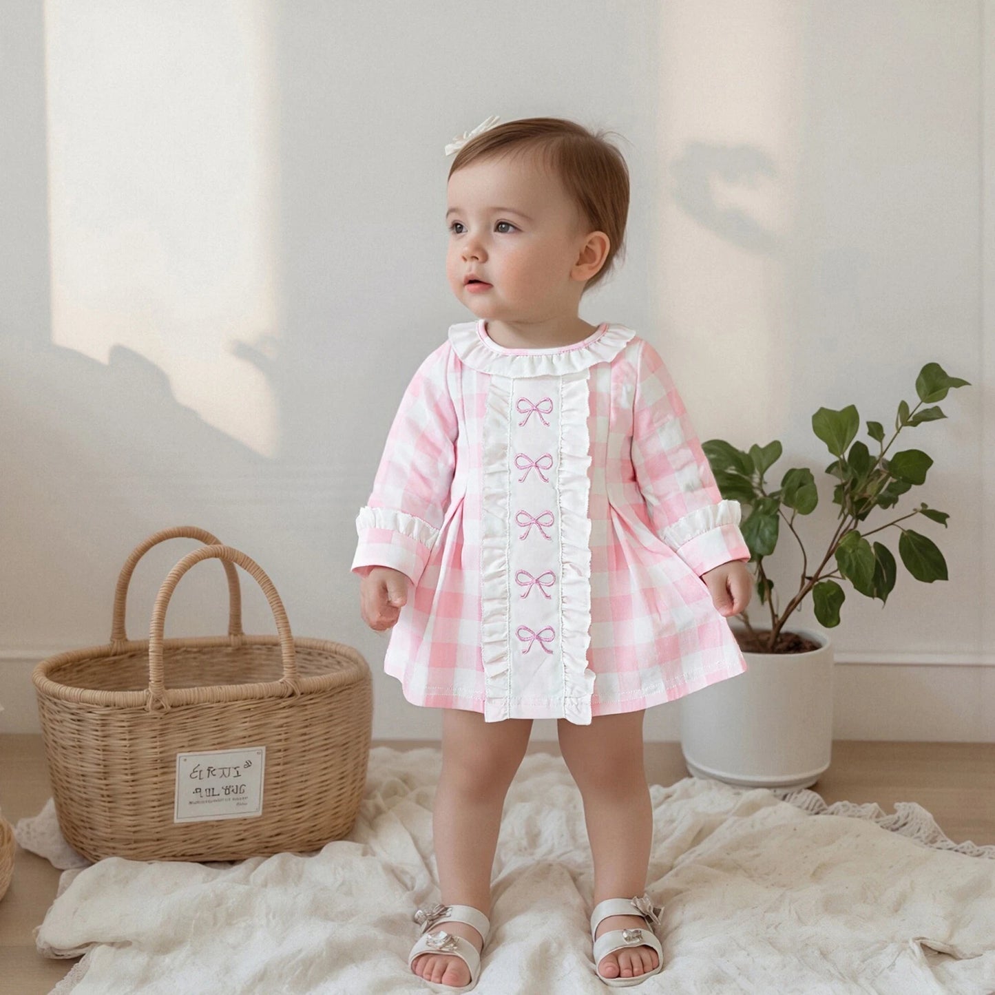 Girls Pink Bow Plaid Dress