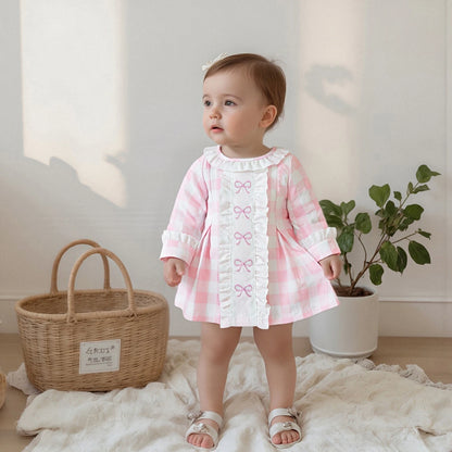 Girls Pink Bow Plaid Dress