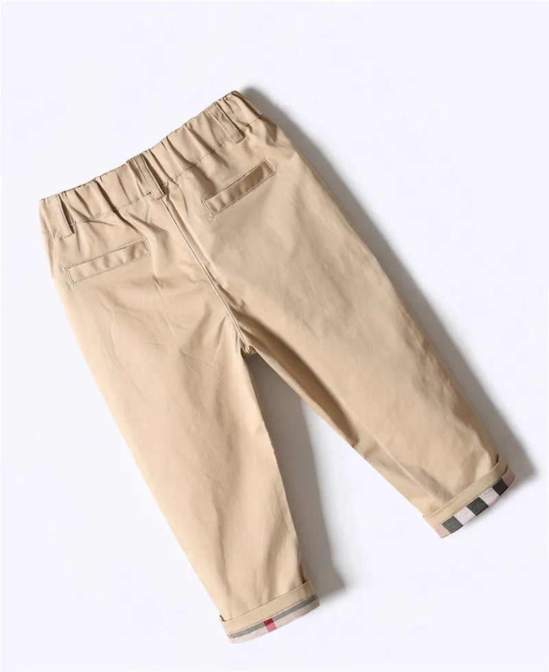 Classic Boys Khaki Pants with Plaid Cuff Detail