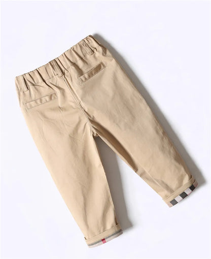 Classic Boys Khaki Pants with Plaid Cuff Detail