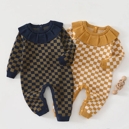 Checkered Knit Baby Romper – 100% Cotton Long Sleeve Jumpsuit with Ruffled Collar