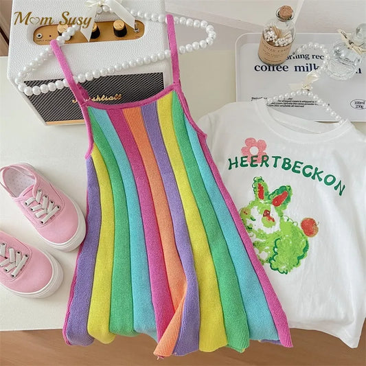 Vibrant Rainbow Stripe Girls Knit Dress