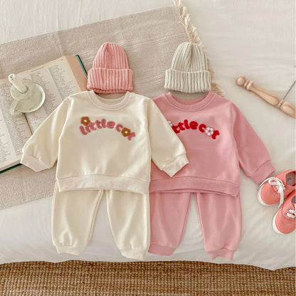 Little Cat Embroidery Girls Sweatshirt and Sweatpants Set - Peachy Bloomers