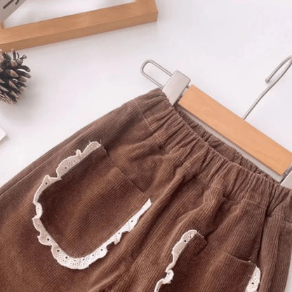 Girls Cotton Corduroy Pants with Lace Trim Pockets