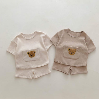 Bear Waffle T-shirt and Shorts Set - Peachy Bloomers