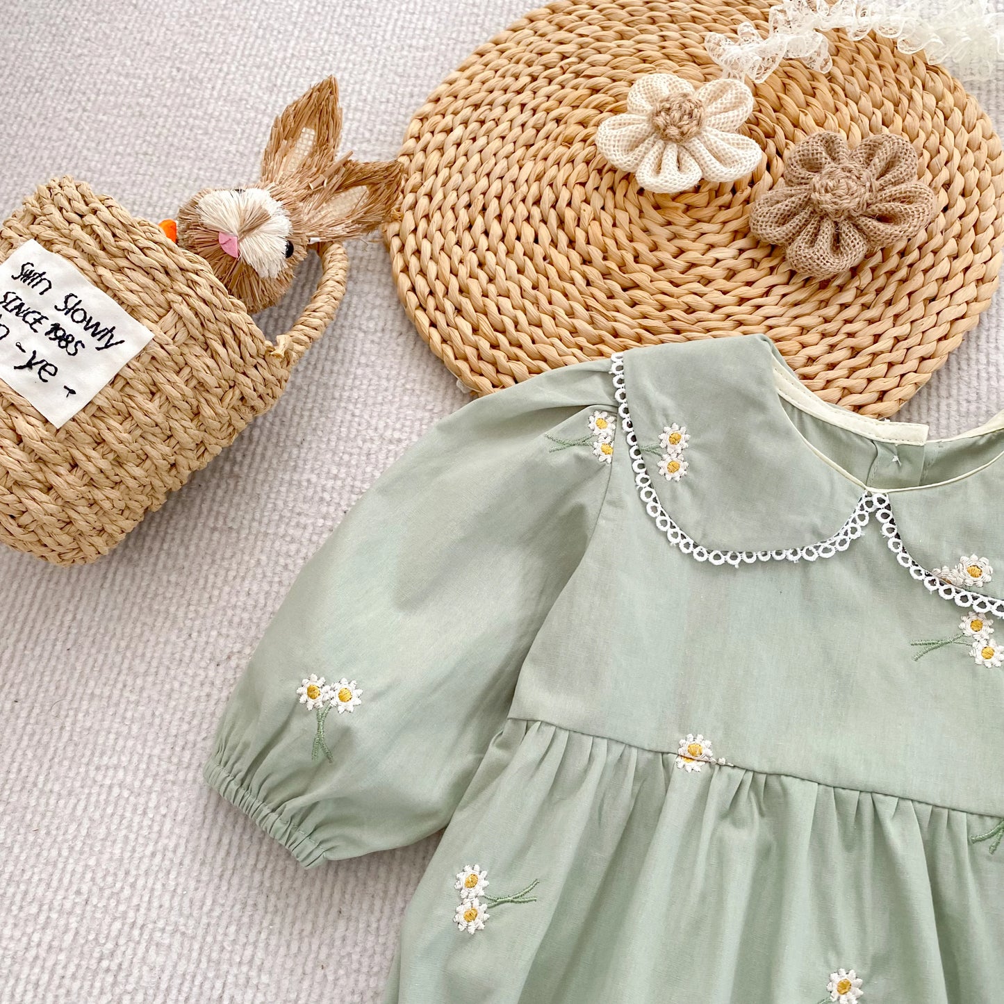 Daisy Gardenia Sage Cotton Baby Romper